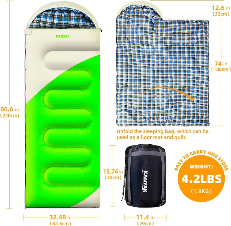 Kanyak Camping Sleeping Bag, 32℉ Sleeping Bags for Adults Kids Teens Cold Weather Warm Sleeping Bag Winter for 3-4 Season Camping, Camping Gear Equipment, Traveling, and Outdoors - Image 2